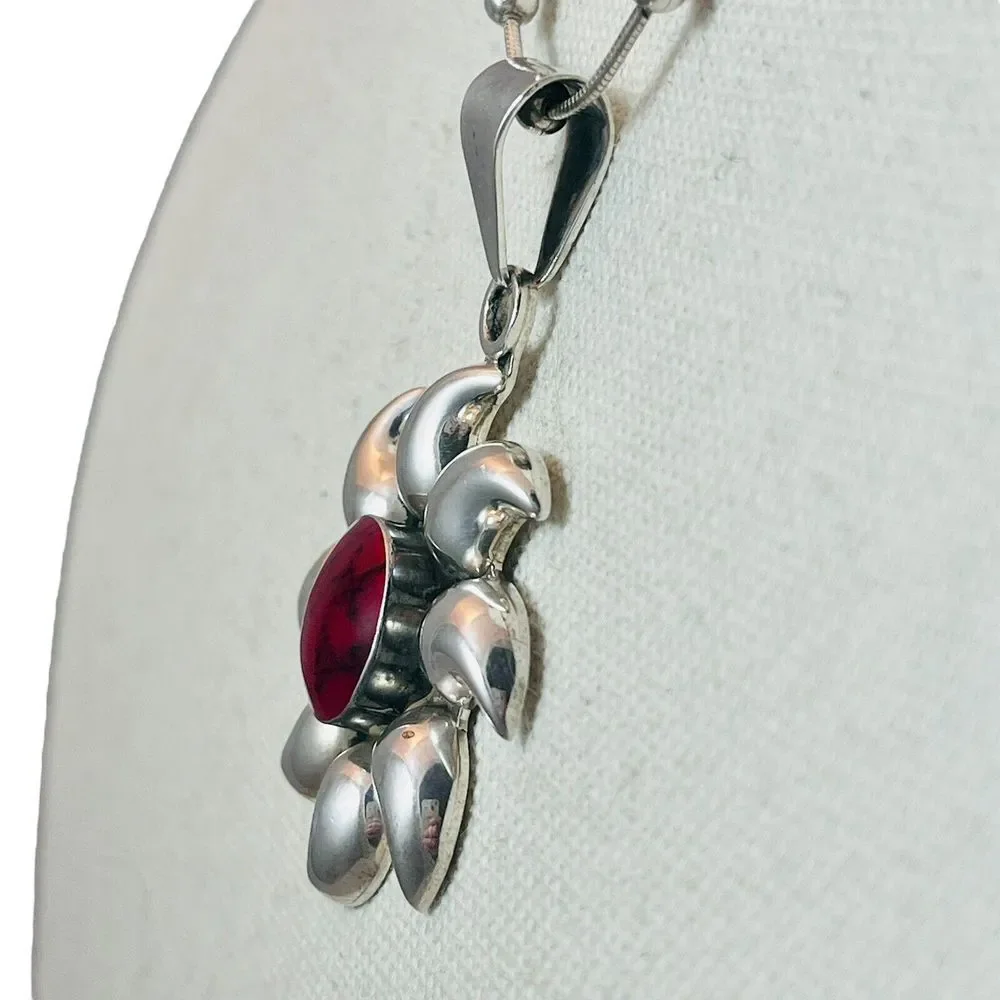 Vintage Sterling Silver Red Jasper Necklace Sun‎ Sunburst Star Pendant Italy